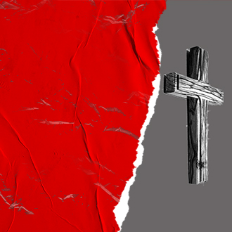 cross of Jesus Christ with red and grey background
